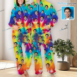 Custom Face Tie-dye Unisex Adult Hooded Onesie Jumpsuits with Pocket Personalized Zip One-piece Pajamas for Men and Women