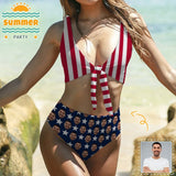 #July 4-4th of July Boat Trip Beach Cruise Outfit Custom Face Bikini National Flag Personalized Women's Chest Strap Bikini Swimsuit Celebrate Party