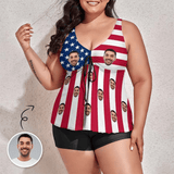 Plus-Size Custom Face American Flag Swimsuit Personalized Women's One Piece Bathing Suit Celebrate Holiday Independence Day Stars Tankini Bathing Suit