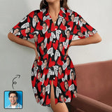 Custom Face Red Heart Black Satin Nightgown For Women Silk Nightshirt Button Down Pajamas Dress Boyfriend Sleepshirt S-3XL