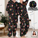 Funny Flannel Fleece Adult/Kid Onesie Pajamas Custom Face Christmas Lights on Black Background Jumpsuit Homewear