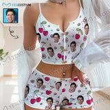 Photo Custom Husband Face Cherry Sleepwear Appliques Notched Neckline Lingerie Set Pajamas Bachelorette party