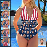 Custom Face American Flag Women's Halter Neck Tie One Piece Swimsuit Sexy Backless Wide Straps V Neck