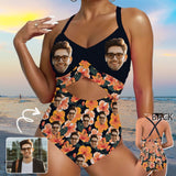 Custom Face Orange Flowers Women's Twist Front Tie Back One Piece Swimsuit Face Bathing Suit