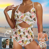 Custom Face Pineapple Women's Twist Front Tie Back One Piece Swimsuit Face Bathing Suit