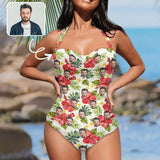 Custom Face Red Flower Strap Personalized One-piece Retro Bikini Swimsuit Custom One Piece Bathing Suits