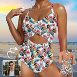 Custom Face Some Flowers Women's Twist Front Tie Back One Piece Swimsuit Face Bathing Suit