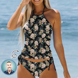 Custom Face Lily Flower Womens Sexy Halter Tummy Control Swimsuit Tankini Top Sets Fashion Two Piece Bathing Suit with Tie Side