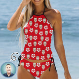 Custom Face Red Flower Womens Sexy Halter Tummy Control Swimsuit Tankini Top Sets Fashion Two Piece Bathing Suit with Tie Side