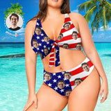 Plus Size Bikini Custom Face American Flag Chest Strap High Waisted Bikini Plus Size Swimwear Women's Two Piece Swimsuit Personalized Bathing Suit Summer Beach Pool Outfits