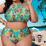 #Plus Size Halter Bikini-Custom Face Hawaiian Plus Size Swimsuit High Neck Cutout High Waisted Bikini Personalized Women's Two Piece Swimsuit Beach Outfits