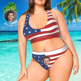 #Plus Size Sport Bikini-Custom Face American Flag Plus Size Swimsuit Scoop Neck Sport Top High Waisted Bikini Plus Size Swimwear Personalized Women's Two Piece Swimsuit Beach Outfits