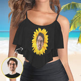 #Double Ruffle Bikini Top-Custom Face Women's Sunflower Ruffle Bikini Swimsuit Double Ruffled Swim Top