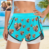 Custom Photo Heart Blue Women's 2 in 1 Surfing & Beach Shorts Female Gym Fitness Shorts