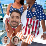 Custom Face US Flag Couple Matching Swimsuit Personalized Women's Bathing Suit&Men's Hawaiian Shirt