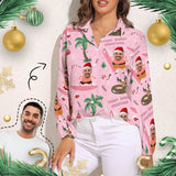 Custom Women's Face Shirt All Over Print Coconut Tree Pink Christmas Hawaiian Shirt Vntage Casual Long Sleeve Hawaiian Shirts for Women