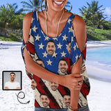 Custom Face Flag Top Personalized Women's Tie Neck Cold Shoulder Top with Photo for Independence Day