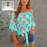 Custom Face Shirts Leaves Women's Off Shoulder Knot Front Blouse Tops