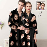 Custom Face Long Sleeve Belted Night Robe for Women Men Black Personalized Pajama Kimono Robe