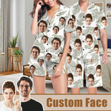 Personalized Couples Pajamas Summer Leaf Loungewear Custom Face Couple Matching V-Neck Short Pajama Set