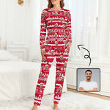 【Special Christmas Sale】Custom Boyfriend Face Christmas Pattern Sleepwear Personalized Women's Slumber Party Crewneck Long Pajamas Set