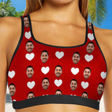 Custom Husband Face White Heart Red Background Sports Bra Personalized Women's All Over Print Yoga Sports Bra