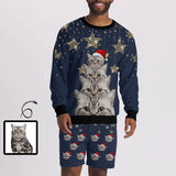 Custom Pet Face Cat Star Christmas Red Hat Men's Crewneck Sweatshirt&2in1 Pockets Shorts Set