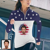 Custom Face US Flag Sweatshirt Personalized Women's Half Zip Top Sports Long Sleeve Sweatshirt