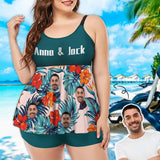 Plus Size Custom Face and Name Swimsuit Chest Pleat Swim Dress Women's 2 Piece Tankini Bathing Suit
