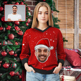 Custom Face Ugly Christmas Sweater White Dots Red Personalized Photo Ugly Sweater For Christmas Women's All Over Print V-Neck Pullover Sweater