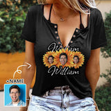 Custom Face&Name Sunflower Ring Hole Short Sleeve V Neck T-shirt Personalized Women's All Over Print T-shirt Summer Tees Tops