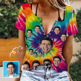 Custom Funny Face Tie-dye Ring Hole Short Sleeve V Neck T-shirt Personalized Women's All Over Print T-shirt Summer Tees Tops